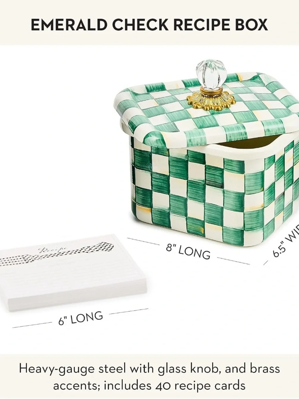NEW! Mackenzie-Childs Emerald Check Recipe Box w/Recipe Cards